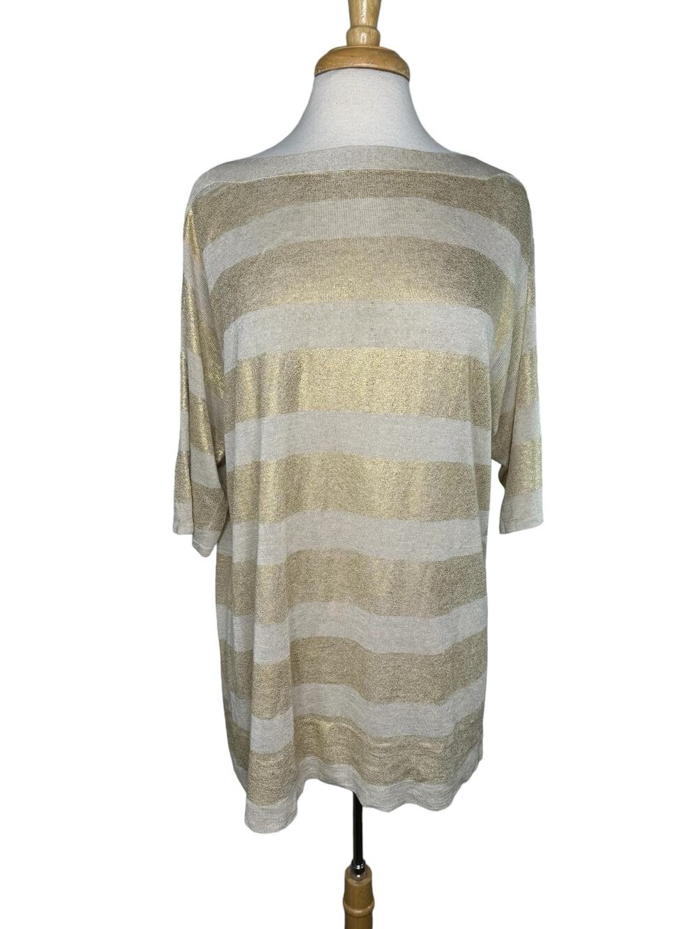 CHICOS Gold Tan Stripe Linen Blend Short Sleeve Relaxed Knit Top Size Large (2)